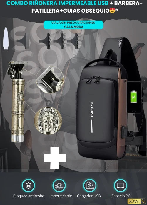 COMBO MORRAL IMPERMEABLE USB + BARBERA ELECTRICO+GUIAS OBSEQUIO😍®