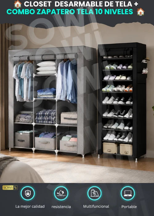 🏠 CLOSET DESARMABLE DE TELA + COMBO ZAPATERO TELA 10 NIVELES 🏠